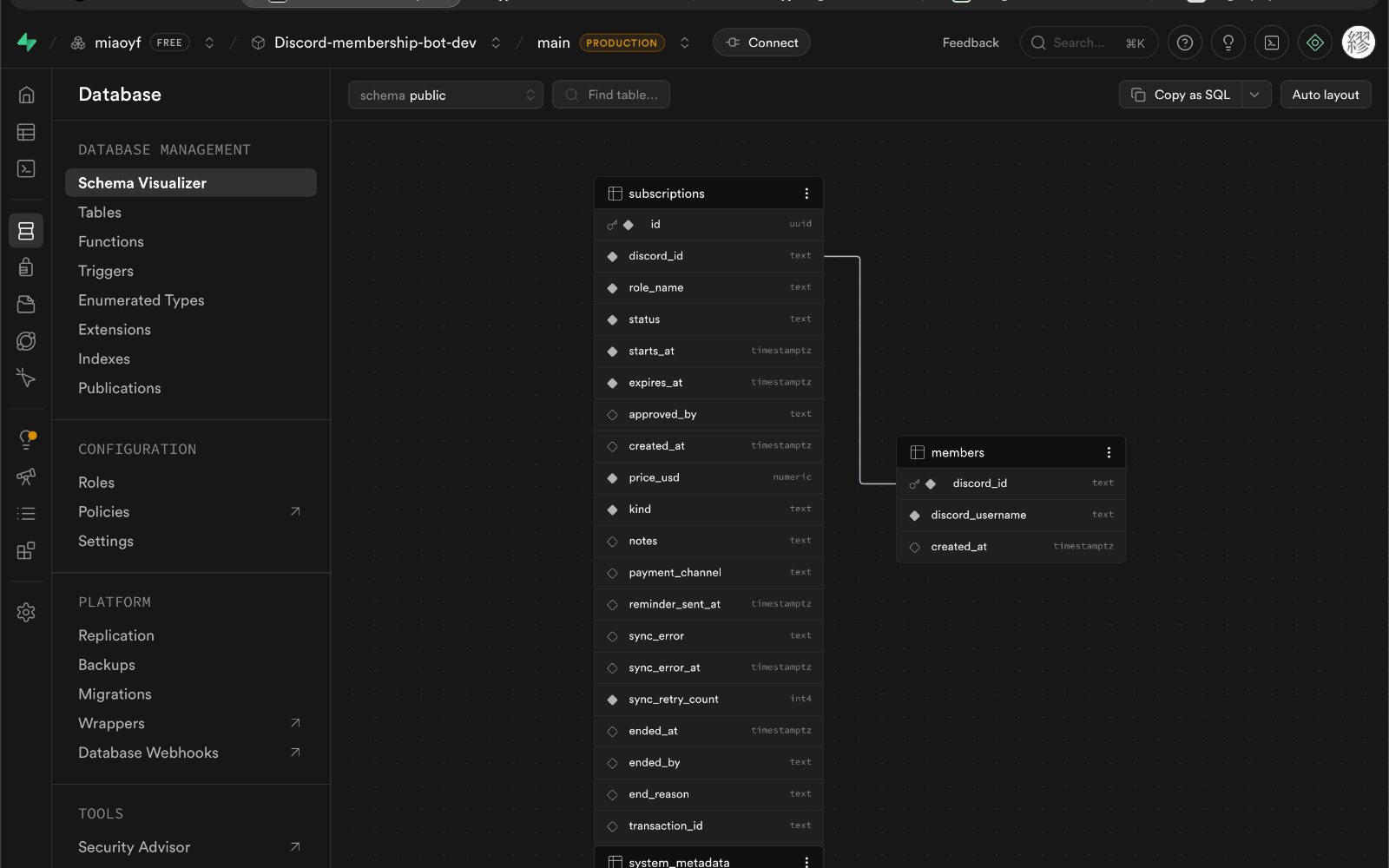 Supabase schema visualizer showing the subscriptions and members data model